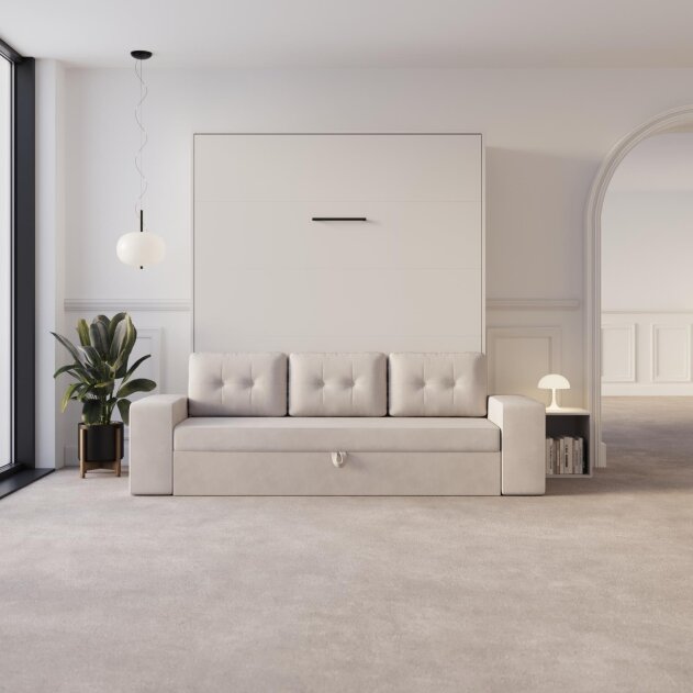 SMARTBett Schrankbett M3 Vertikal mit Sofa 180x200 Weiss/Weiss mit Polsterrahmen Sofa Sandgrau 26cm Armlehne