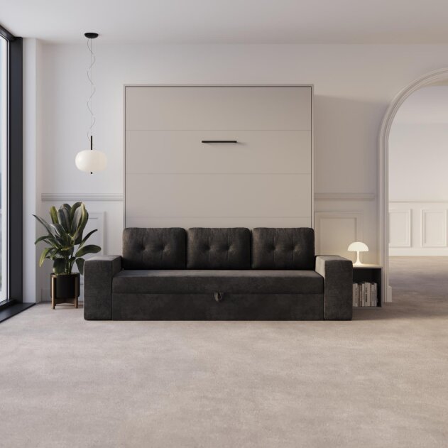 SMARTBett Schrankbett M3 Vertikal mit Sofa 180x200 Perlgrau/Perlgrau mit Polsterrahmen Sofa Anthrazit 26cm Armlehne