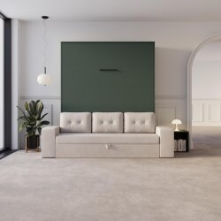 SMARTBett Schrankbett M3 Vertikal mit Sofa 180x200 Steingrün/Steingrün mit Polsterrahmen Sofa Sandgrau mit Stauraum