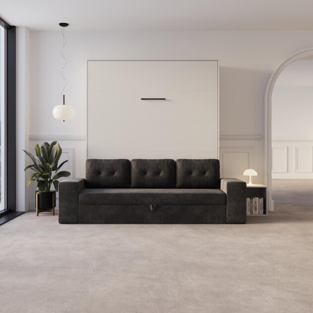SMARTBett Schrankbett M3 Vertikal mit Sofa 160x200 Weiss/Weiss mit Polsterrahmen Sofa Anthrazit 11cm Armlehne