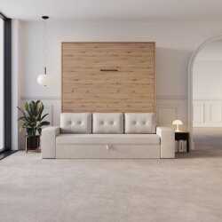 SMARTBett Schrankbett M3 Vertikal mit Sofa 160x200 Wildeiche/Wildeiche mit Polsterrahmen Sofa Sandgrau mit Schubladen