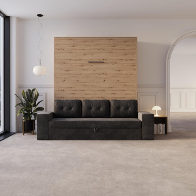 SMARTBett Schrankbett M3 Vertikal mit Sofa 160x200 Wildeiche/Wildeiche mit Polsterrahmen Sofa Anthrazit mit Stauraum