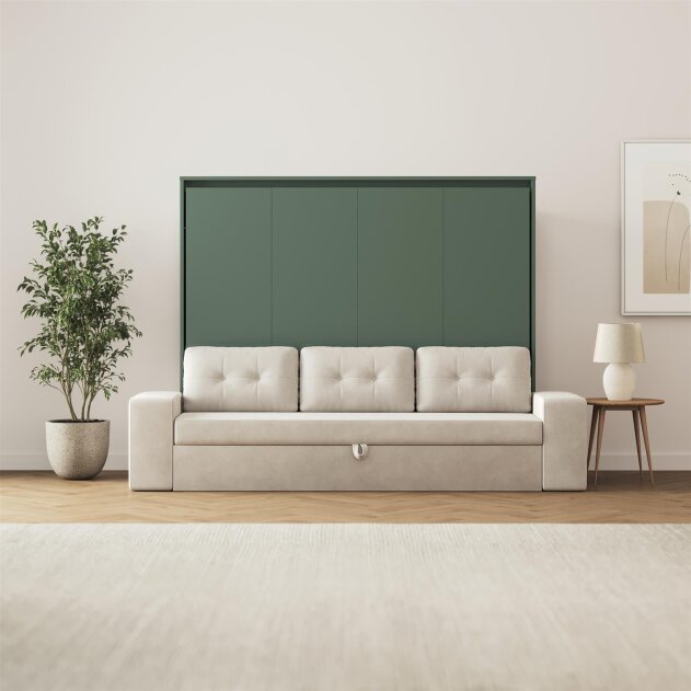 SMARTBett Schrankbett M2 Horizontal mit Sofa 160x200 Steingrün mit Polsterrahmen Sofa Sandgrau 26 cm Armlehnen mit  Schubladen