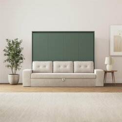SMARTBett Schrankbett M2 Horizontal mit Sofa 160x200 Steingrün mit Polsterrahmen Sofa Sandgrau 26 cm Armlehnen mit  Schubladen