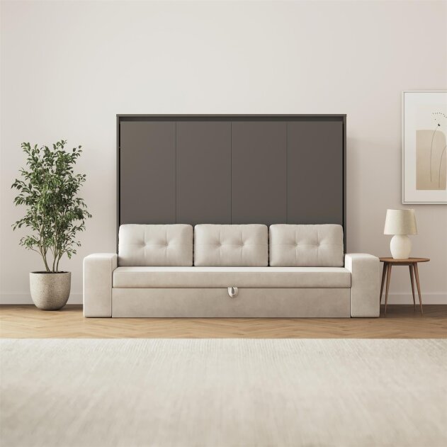 SMARTBett Schrankbett M2 Horizontal mit Sofa 160x200 Anthrazit/Anthrazit mit Polsterrahmen Sofa Sandgrau 26 cm Armlehnen mit  Schubladen