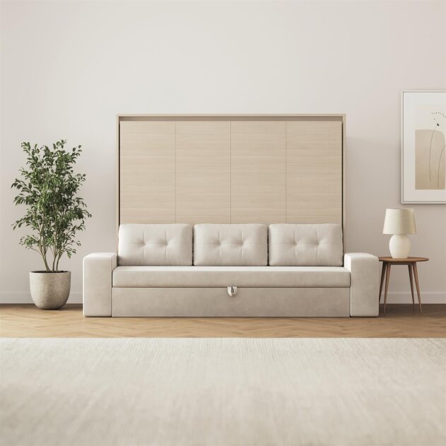 SMARTBett Schrankbett M2 Horizontal mit Sofa 160x200 Kaiserberg Eiche/Kaiserberg Eiche mit Polsterrahmen Sofa Sandgrau 26 cm Armlehnen mit  Schubladen