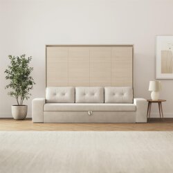 SMARTBett Schrankbett M2 Horizontal mit Sofa 160x200 Kaiserberg Eiche/Kaiserberg Eiche mit Polsterrahmen Sofa Sandgrau 26 cm Armlehnen mit  Schubladen