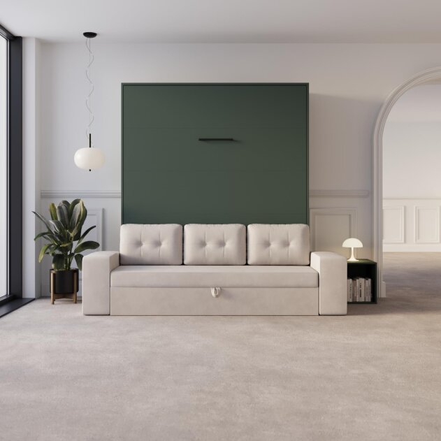 SMARTBett Schrankbett M3 Vertikal mit Sofa 160x200 Steingrün/Steingrün mit Polsterrahmen Sofa Sandgrau 11cm Armlehne