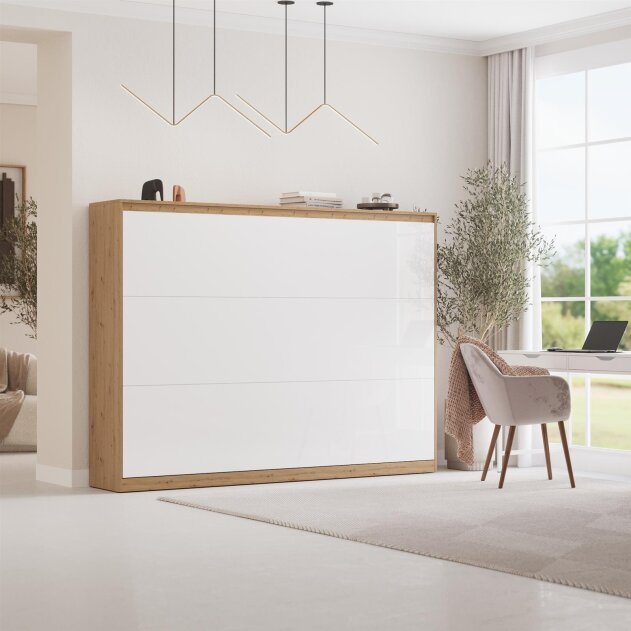 AKTION! NEU!!! SMARTBett Schrankbett Classic 160x200cm Horizontal Wildeiche  mit Weiss Hochglanzfront