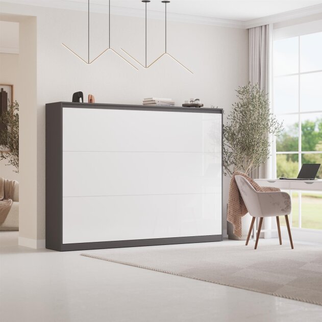 AKTION! NEU!!! SMARTBett Schrankbett Classic 160x200cm Horizontal Anthrazit mit Weiss Hochglanzfront