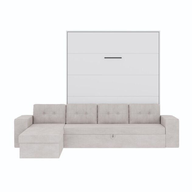 SMARTBett Schrankbett M3 Vertikal mit Ecksofa 160x200 Weiss/Weiss mit Polsterrahmen Ecksofa Sandgrau 26cm Armlehne