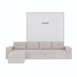 SMARTBett Schrankbett M3 Vertikal mit Ecksofa 160x200 Weiss/Weiss mit Polsterrahmen Ecksofa Sandgrau 26cm Armlehne