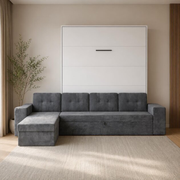 SMARTBett Schrankbett M3 Vertikal mit Ecksofa 160x200 Weiss/Weiss mit Polsterrahmen Ecksofa Anthrazit 11cm Armlehne