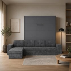 SMARTBett Schrankbett M3 Vertikal mit Ecksofa 160x200 Anthrazit/Anthrazit mit Polsterrahmen Ecksofa Anthrazit mit Schubladen