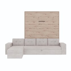 SMARTBett Schrankbett M3 Vertikal mit Ecksofa 160x200 Wildeiche/Wildeiche mit Polsterrahmen Ecksofa Sandgrau 26cm Armlehne