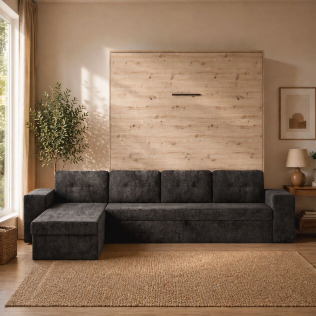 SMARTBett Schrankbett M3 Vertikal mit Ecksofa 160x200 Wildeiche/Wildeiche mit Polsterrahmen Ecksofa Anthrazit 11cm Armlehne