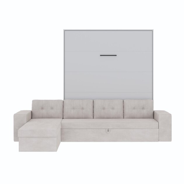 SMARTBett Schrankbett M3 Vertikal mit Ecksofa 160x200 Perlgrau/Perlgrau mit Polsterrahmen Ecksofa Sandgrau mit Stauraum