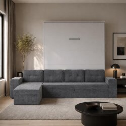 SMARTBett Schrankbett M3 Vertikal mit Ecksofa 160x200 Perlgrau/Perlgrau mit Polsterrahmen Ecksofa Anthrazit mit Stauraum