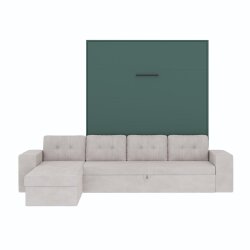 SMARTBett Schrankbett M3 Vertikal mit Ecksofa 160x200 Steingrün/Steingrün mit Polsterrahmen Ecksofa Sandgrau mit Schubladen