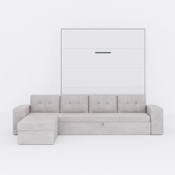 SMARTBett Schrankbett M3 Vertikal mit Ecksofa 180x200 Weiss/Weiss mit Polsterrahmen Ecksofa Sandgrau 26cm Armlehne