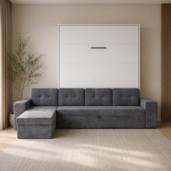 SMARTBett Schrankbett M3 Vertikal mit Ecksofa 180x200 Weiss/Weiss mit Polsterrahmen Ecksofa Anthrazit 26cm Armlehne