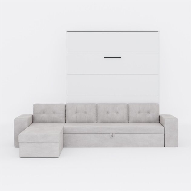 SMARTBett Schrankbett M3 Vertikal mit Ecksofa 180x200 Weiss/Weiss mit Polsterrahmen Ecksofa Sandgrau 11cm Armlehne