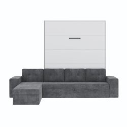 SMARTBett Schrankbett M3 Vertikal mit Ecksofa 180x200 Weiss/Weiss mit Polsterrahmen Ecksofa Anthrazit mit Stauraum