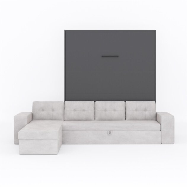 SMARTBett Schrankbett M3 Vertikal mit Ecksofa 180x200 Anthrazit/Anthrazit mit Polsterrahmen Ecksofa Sandgrau mit Schubladen