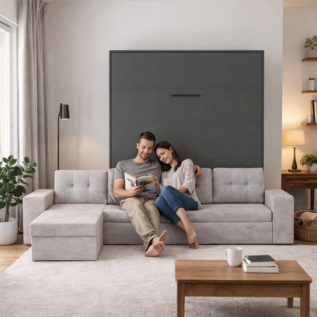SMARTBett Schrankbett M3 Vertikal mit Ecksofa 180x200 Anthrazit/Anthrazit mit Polsterrahmen Ecksofa Sandgrau mit Stauraum