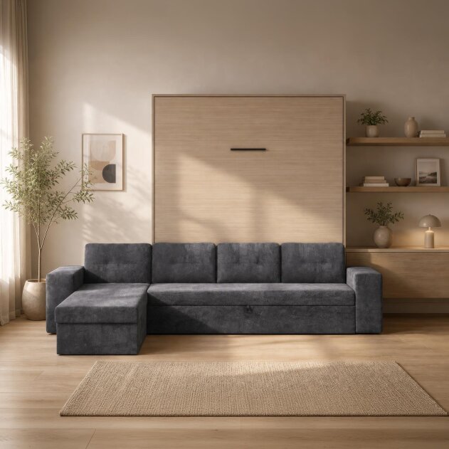 SMARTBett Schrankbett M3 Vertikal mit Ecksofa 180x200 Kaiserberg Eiche/Kaiserberg Eiche mit Polsterrahmen Ecksofa Anthrazit mit Stauraum