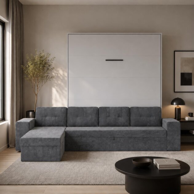 SMARTBett Schrankbett M3 Vertikal mit Ecksofa 180x200 Perlgrau/Perlgrau mit Polsterrahmen Ecksofa Anthrazit 11cm Armlehne