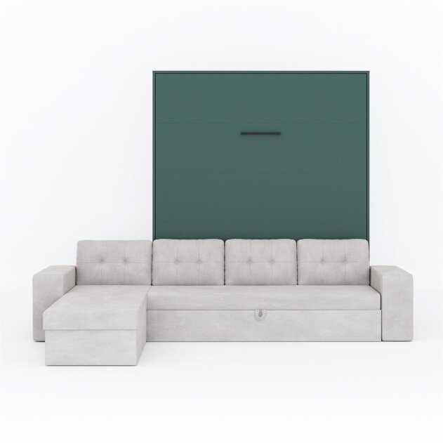SMARTBett Schrankbett M3 Vertikal mit Ecksofa 180x200 Steingrün/Steingrün mit Polsterrahmen Ecksofa Sandgrau mit Schubladen