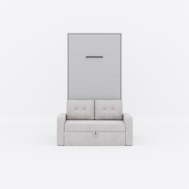 SMARTBett Schrankbett M3 Vertikal mit Sofa 100x200 Perlgrau/Perlgrau mit Polsterrahmen Sofa Sandgrau 11cm Armlehne