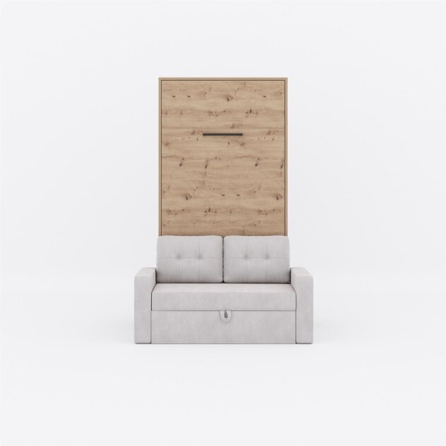 SMARTBett Schrankbett M3 Vertikal mit Sofa 100x200 Wildeiche/Wildeiche mit Polsterrahmen Sofa Sandgrau 26cm Armlehne