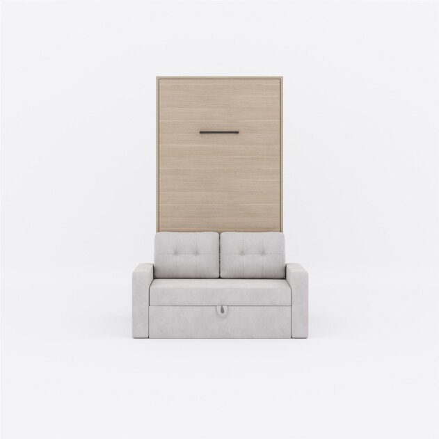 SMARTBett Schrankbett M3 Vertikal mit Sofa 100x200 Kaiserberg Eiche/Kaiserberg Eiche mit Polsterrahmen Sofa Sandgrau 26cm Armlehne