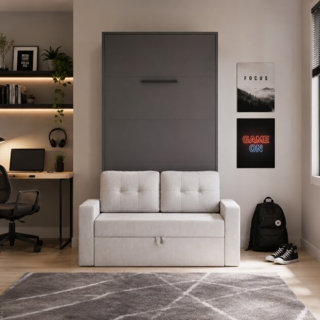 SMARTBett Schrankbett M3 Vertikal mit Sofa 100x200 Anthrazit/Anthrazit mit Polsterrahmen Sofa Sandgrau 26cm Armlehne