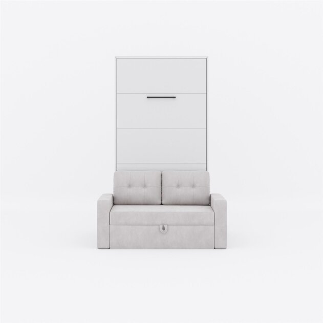 SMARTBett Schrankbett M3 Vertikal mit Sofa 100x200 Weiss/Weiss mit Polsterrahmen Sofa Sandgrau mit Schubladen