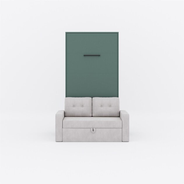 SMARTBett Schrankbett M3 Vertikal mit Sofa 100x200 Steingrün/Steingrün mit Polsterrahmen Sofa Sandgrau mit Stauraum