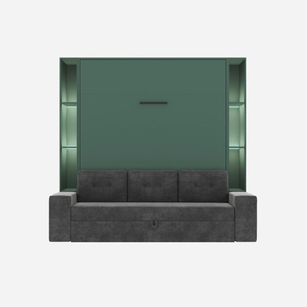 SMARTBett Schrankbett M3 (Tiefe 55cm) Vertikal inkl. 2x LED Regal STA.2.0021 180x200 cm-Steingrün-Sofa Anthrazit-Armlehnen 26 cm mit Stauraum
