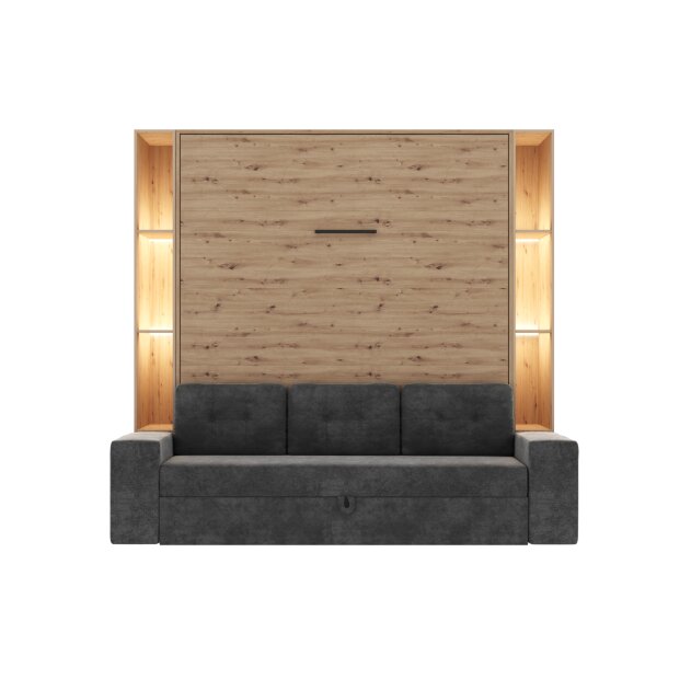 SMARTBett Schrankbett M3 (Tiefe 55cm) Vertikal inkl. 2x LED Regal STA.2.0021 180x200 cm-Wildeiche-Sofa Anthrazit-Armlehnen 26 cm mit Schubladen